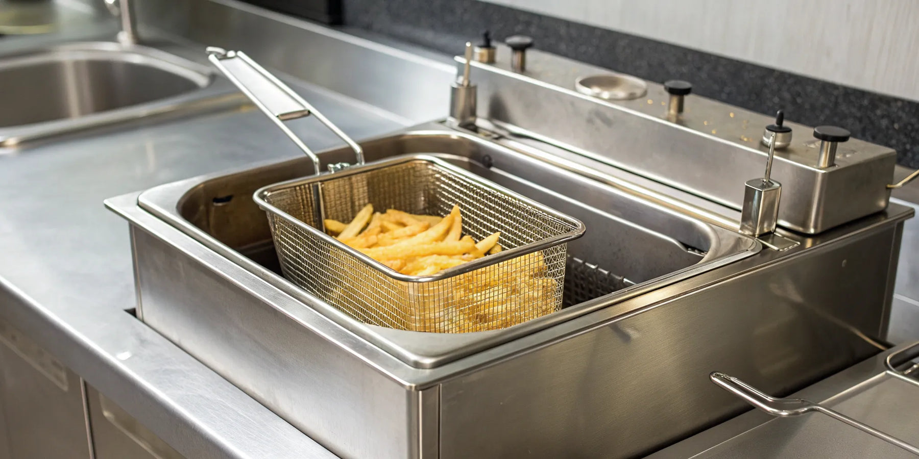 Commercial deep fryer for sale in a professional kitchen with a basket of golden fries.