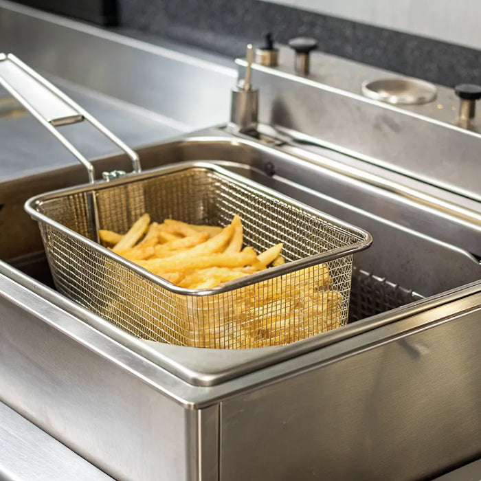 Commercial deep fryer for sale in a professional kitchen with a basket of golden fries.