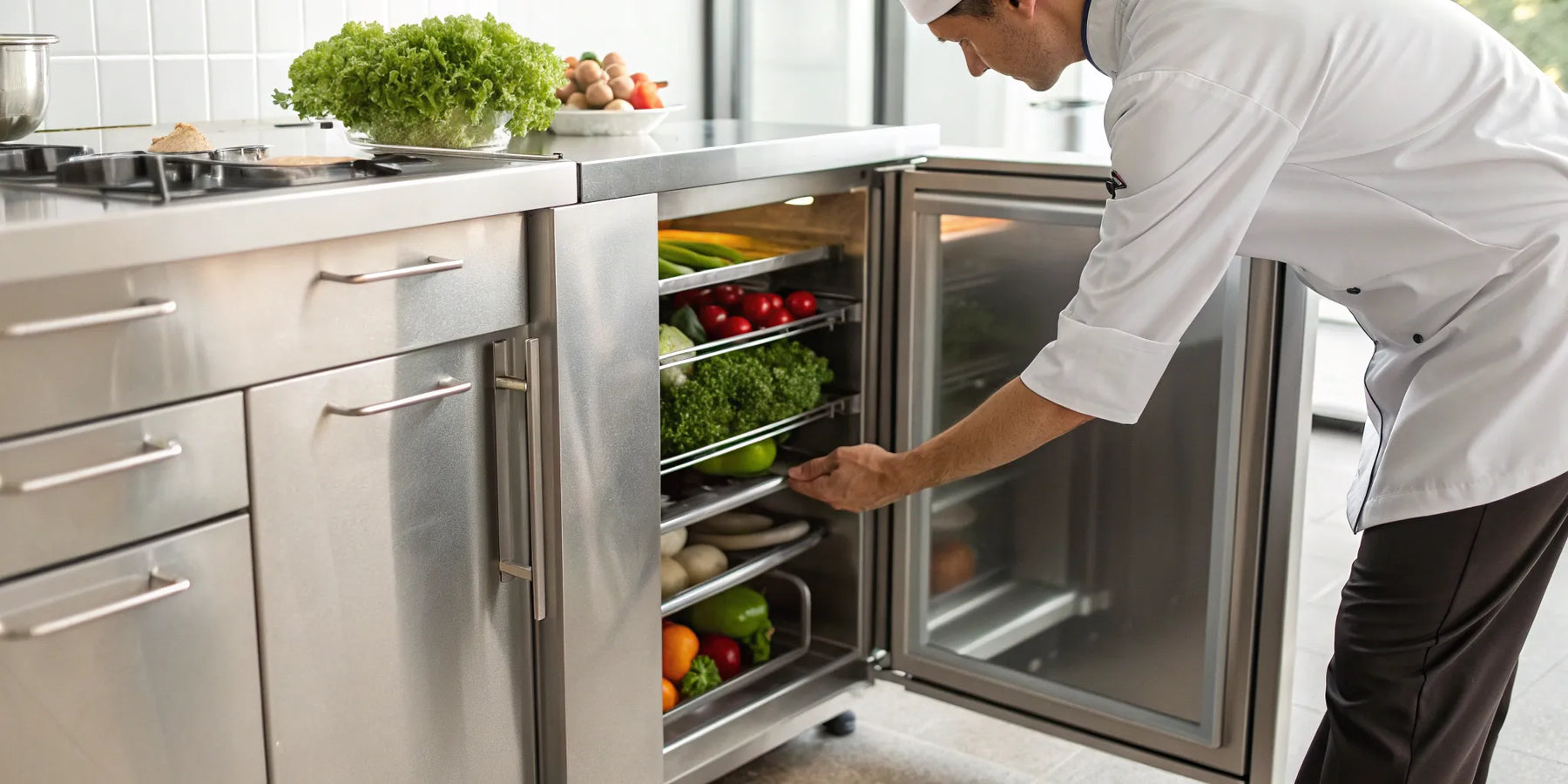 Chef using an undercounter commercial freezer in a professional stainless steel kitchen.