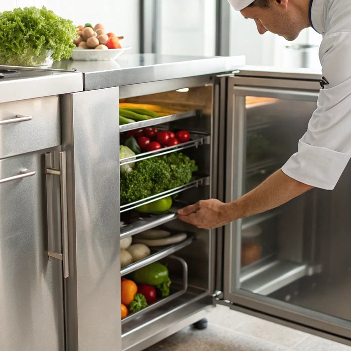 Chef using an undercounter commercial freezer in a professional stainless steel kitchen.