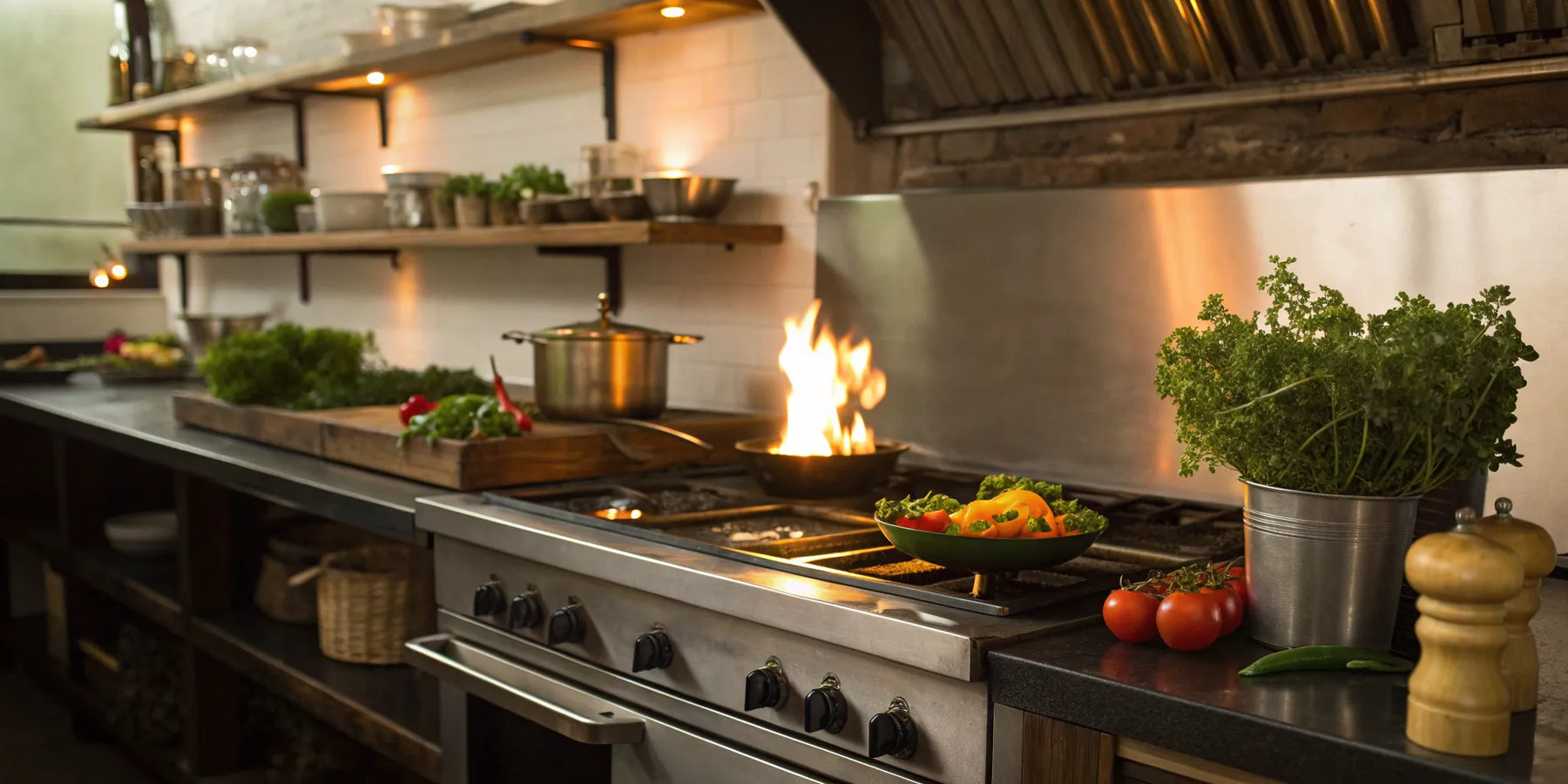 Restaurant stovetop with vegetables and herbs.