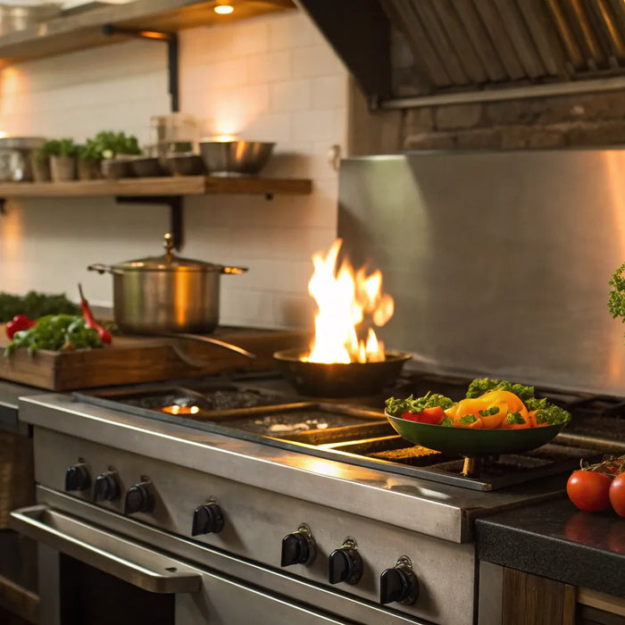 Restaurant stovetop with vegetables and herbs.