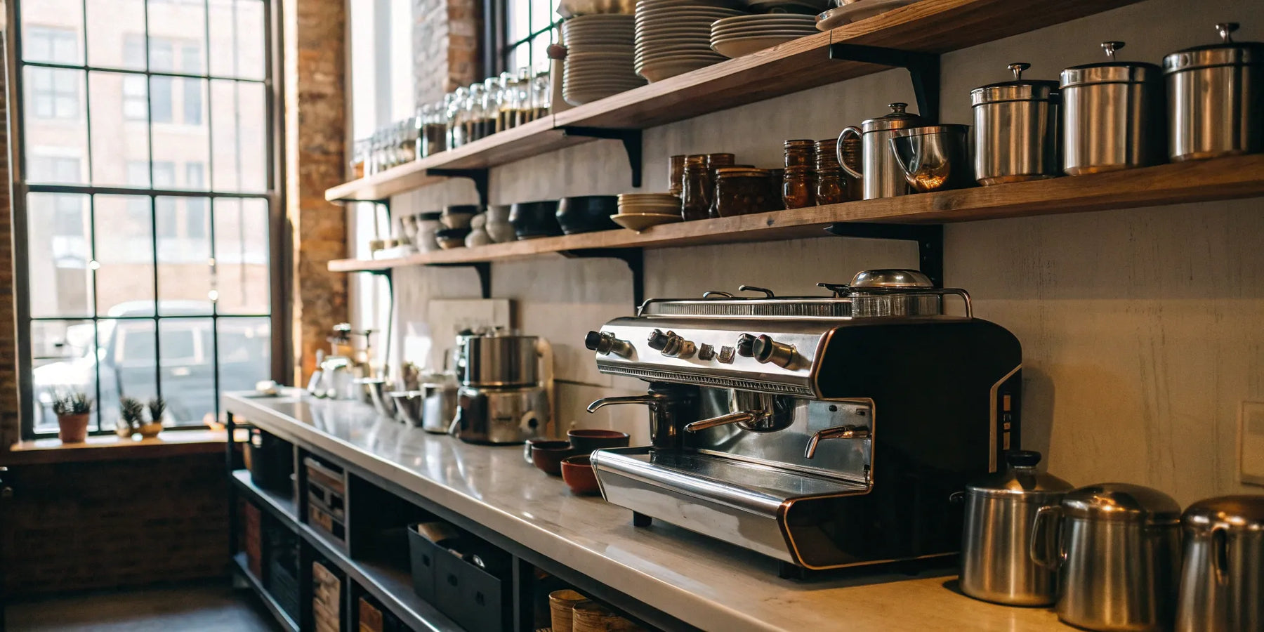 Commercial restaurant supplies and equipment in a modern NYC kitchen.