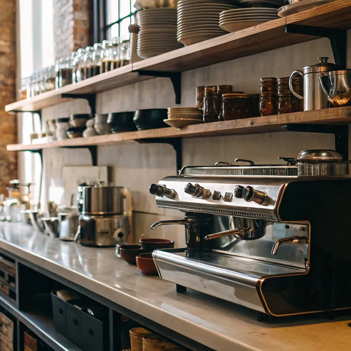 Commercial restaurant supplies and equipment in a modern NYC kitchen.