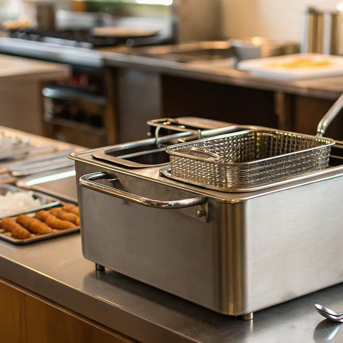 A commercial tabletop deep fryer in stainless steel with its frying basket.