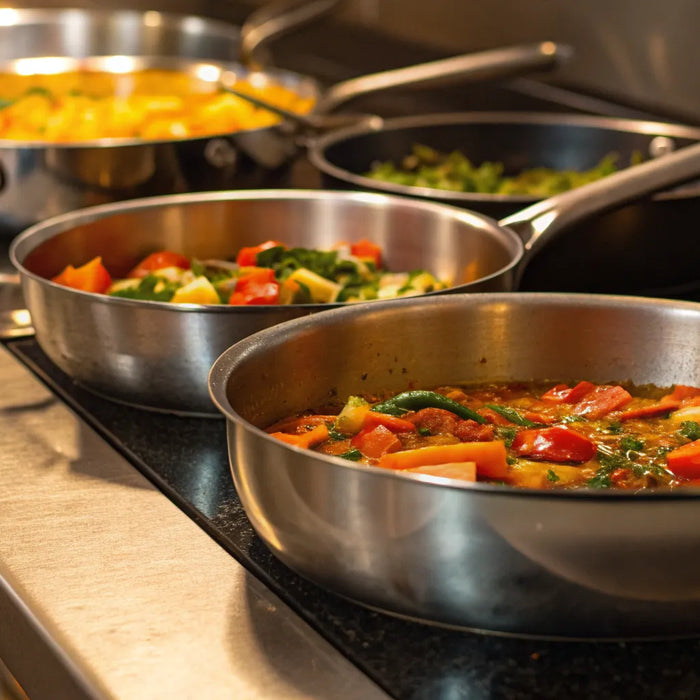 A variety of sauce pan sizes on a stovetop, each holding a different sauce.
