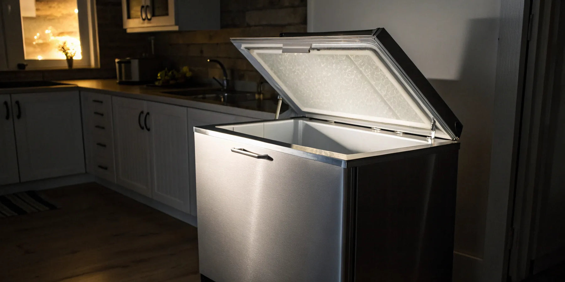 An open chest freezer with auto defrost technology in a kitchen.