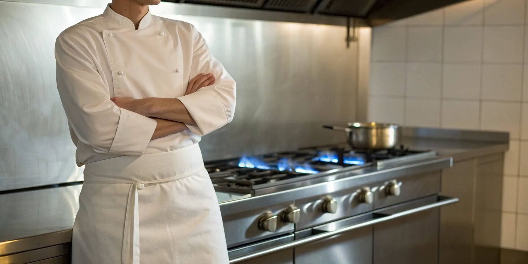 Professional chef using a high-performance commercial propane stove and oven.