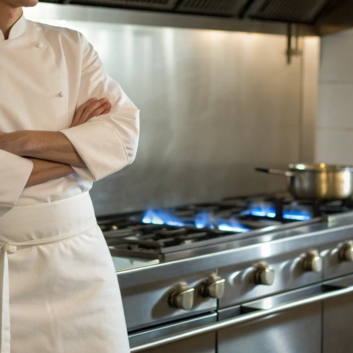 Professional chef using a high-performance commercial propane stove and oven.