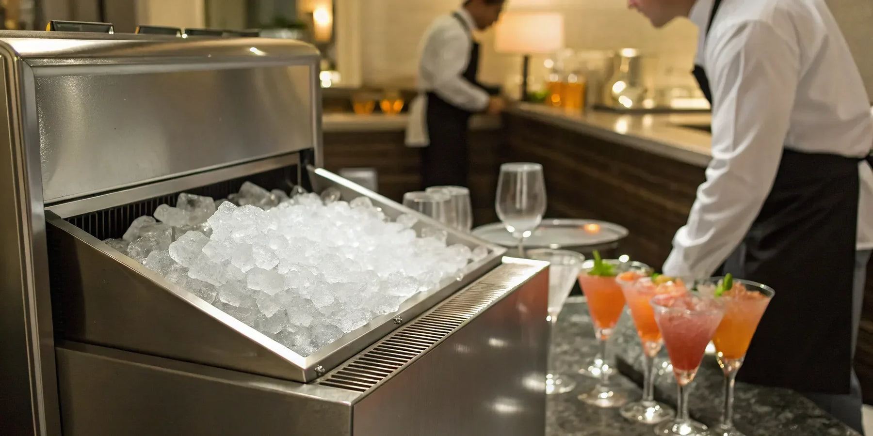 Fresh ice in a hotel ice machine.