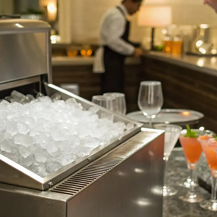 Fresh ice in a hotel ice machine.