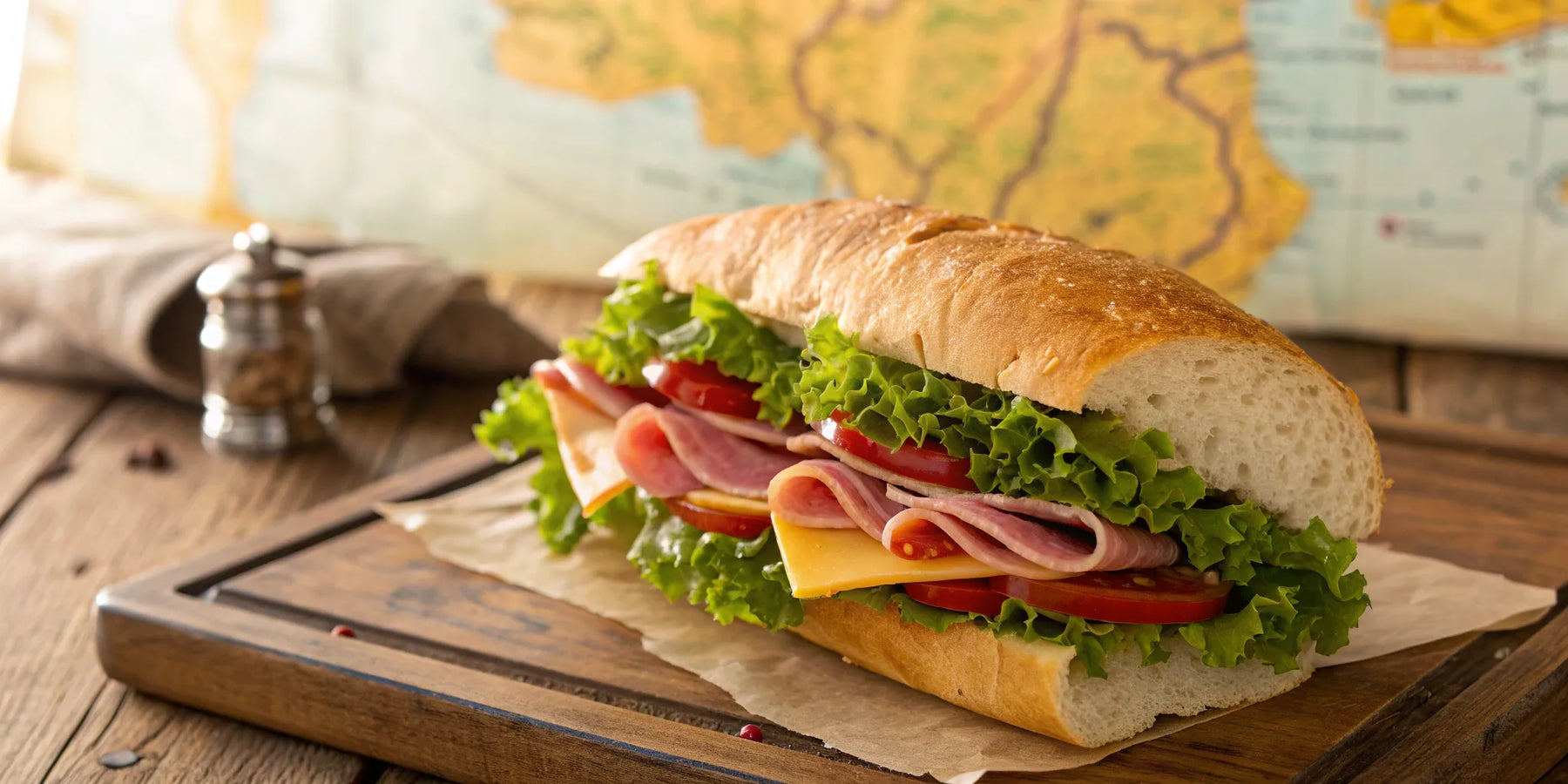 Classic sub sandwich with ham, cheese, lettuce, and tomato.