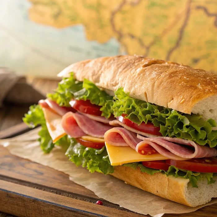 Classic sub sandwich with ham, cheese, lettuce, and tomato.