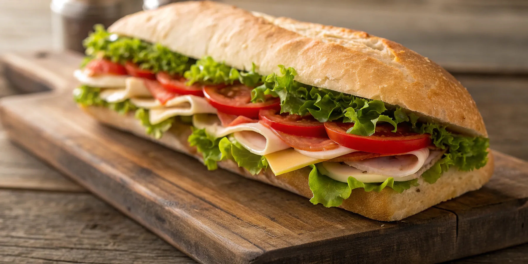 Sub sandwich with turkey and toppings on a hoagie roll.