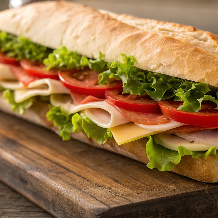 Sub sandwich with turkey and toppings on a hoagie roll.