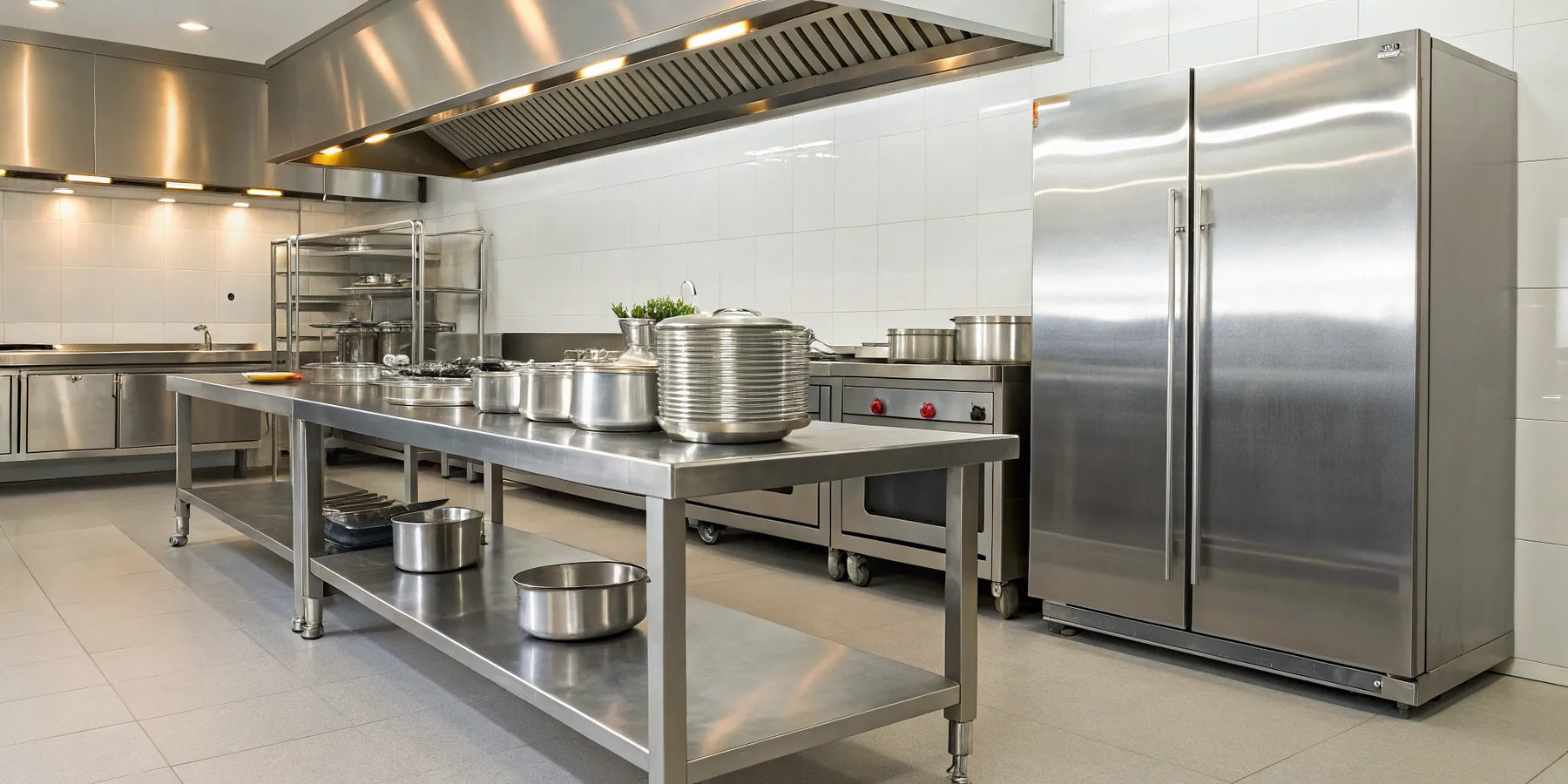 A professional kitchen with durable, easy-to-clean stainless steel tables, sinks, and equipment.