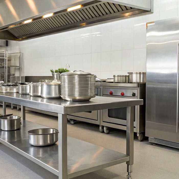 A professional kitchen with durable, easy-to-clean stainless steel tables, sinks, and equipment.