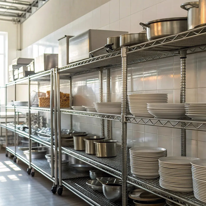 Wire kitchen shelving holding heavy pots and pans in an organized commercial kitchen.
