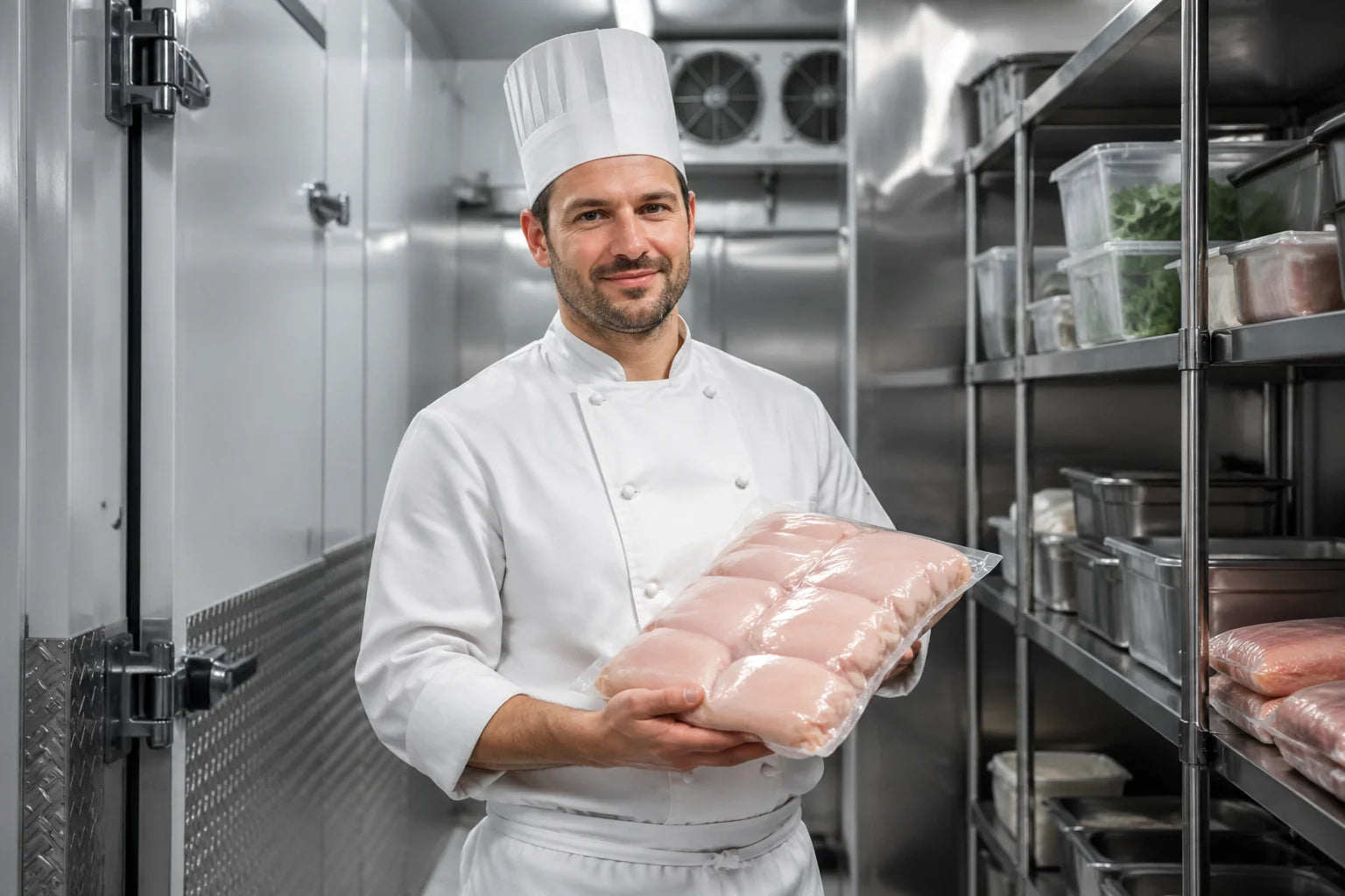A professional chef inside a modern commercial walk-in freezer holding vacuum-sealed poultry