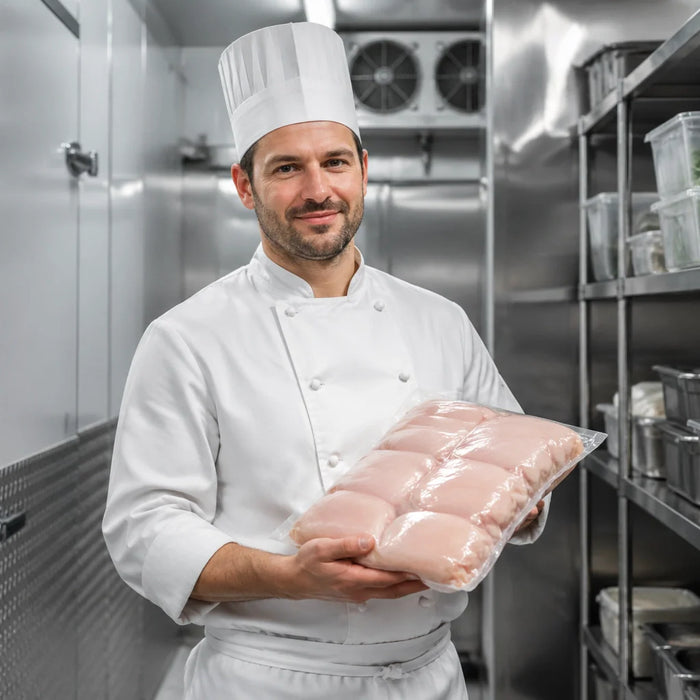 A professional chef inside a modern commercial walk-in freezer holding vacuum-sealed poultry