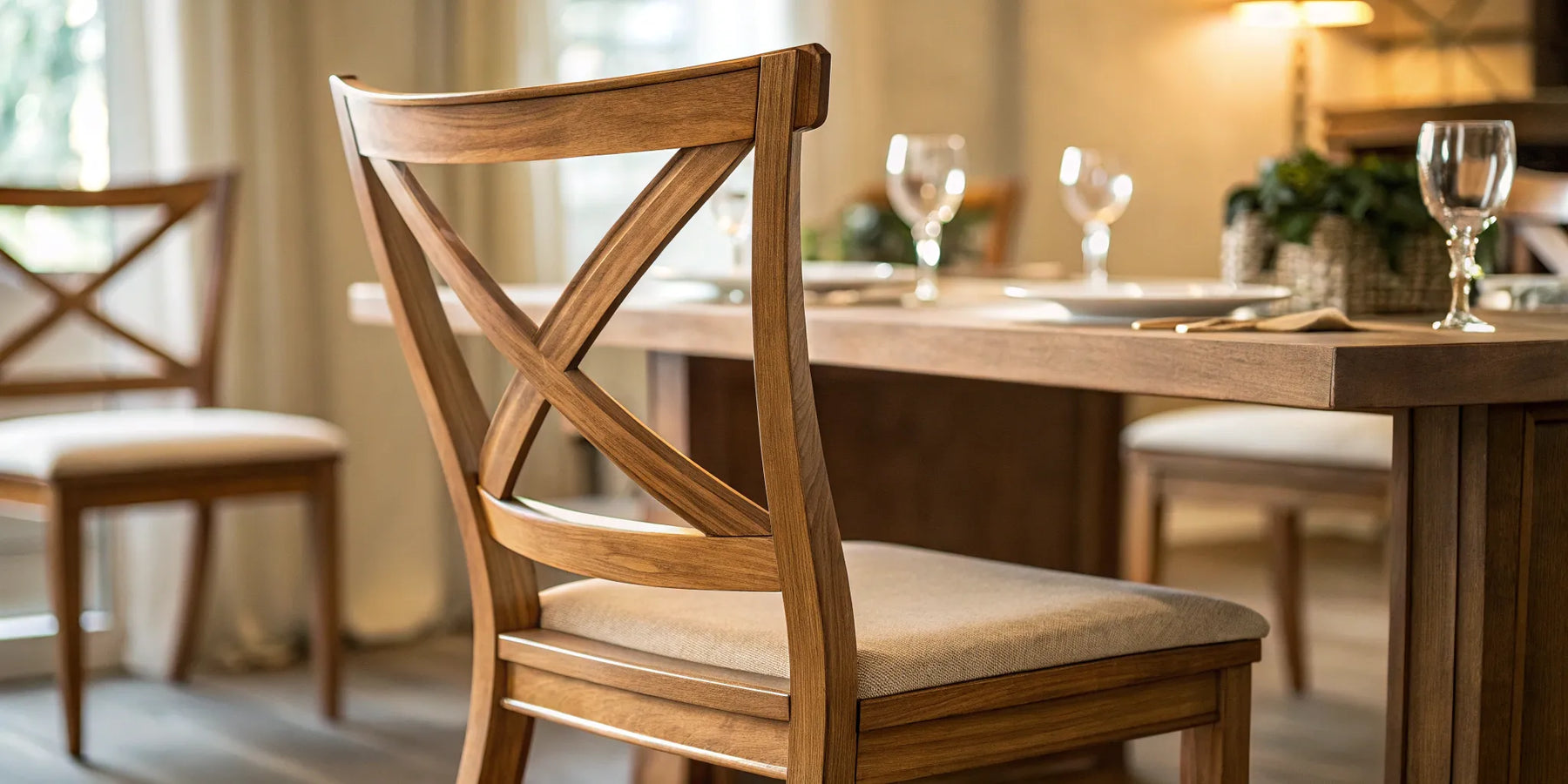A classic wooden x-back dining chair with a padded seat in a restaurant setting.