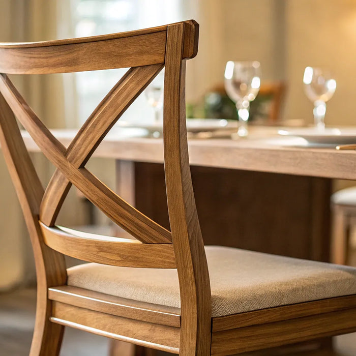 A classic wooden x-back dining chair with a padded seat in a restaurant setting.