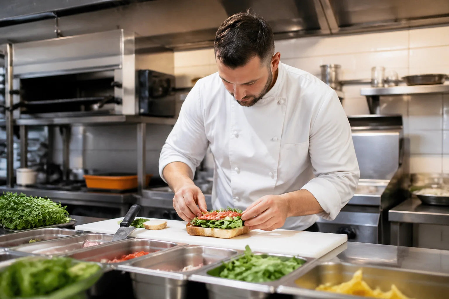 A professional chef in a white coat assembling a gourmet sandwich at a stainless steel prep station in a bright, modern commercial kitchen.