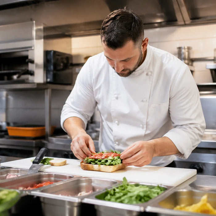 A professional chef in a white coat assembling a gourmet sandwich at a stainless steel prep station in a bright, modern commercial kitchen.