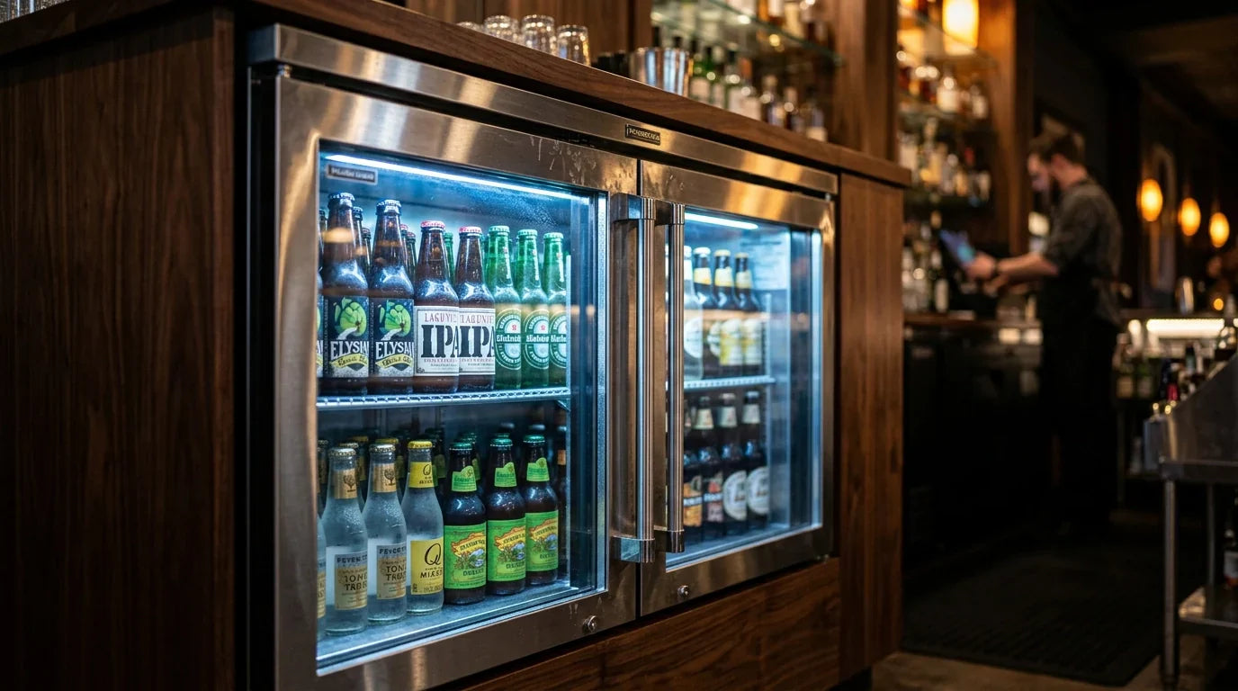 A professional close-up of a sleek stainless steel glass-door underbar refrigerator with cool blue interior lighting and neatly organized bottled beverages in a warm bar setting.