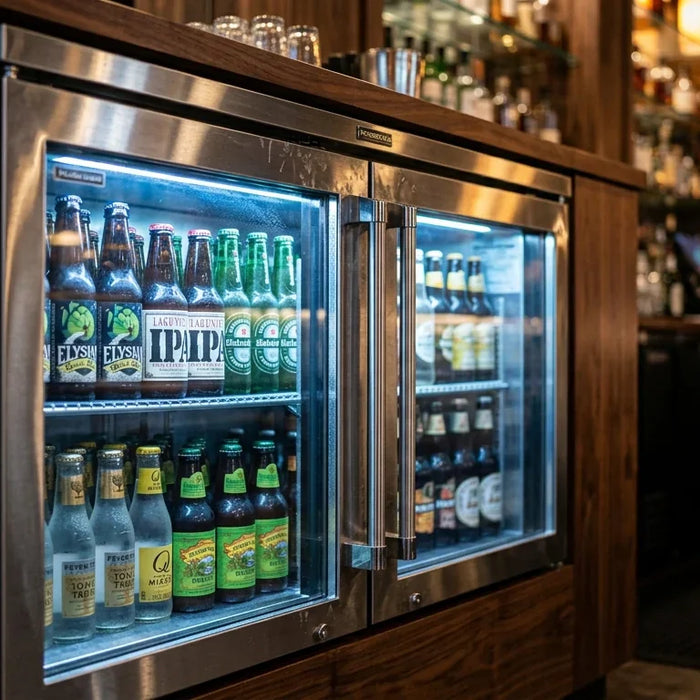 A professional close-up of a sleek stainless steel glass-door underbar refrigerator with cool blue interior lighting and neatly organized bottled beverages in a warm bar setting.