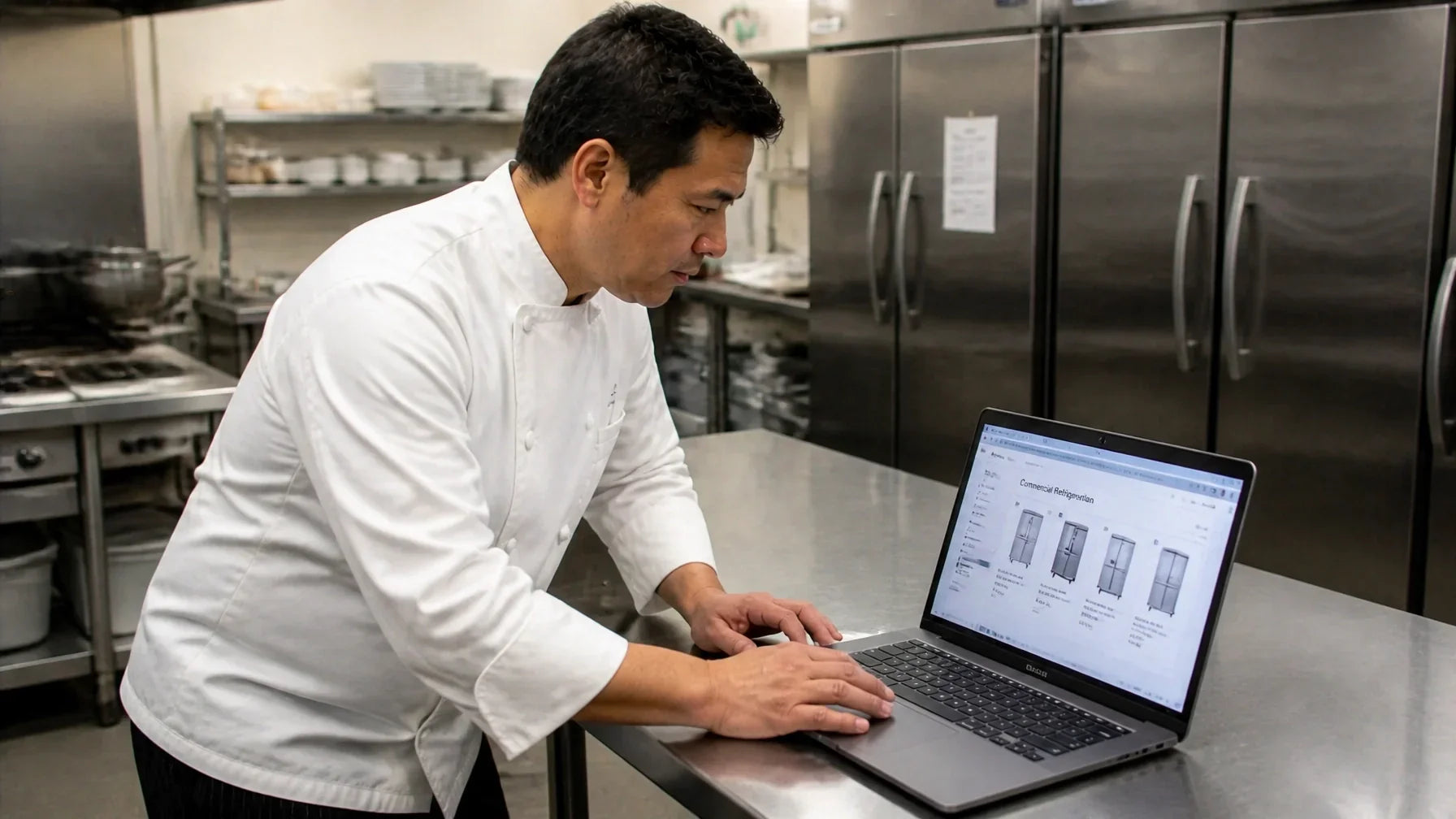Commercial kitchen equipment supplier warehouse stocked with stainless steel reach-in refrigerators, ranges, prep tables, and cooking equipment ready to ship to restaurants and food trucks