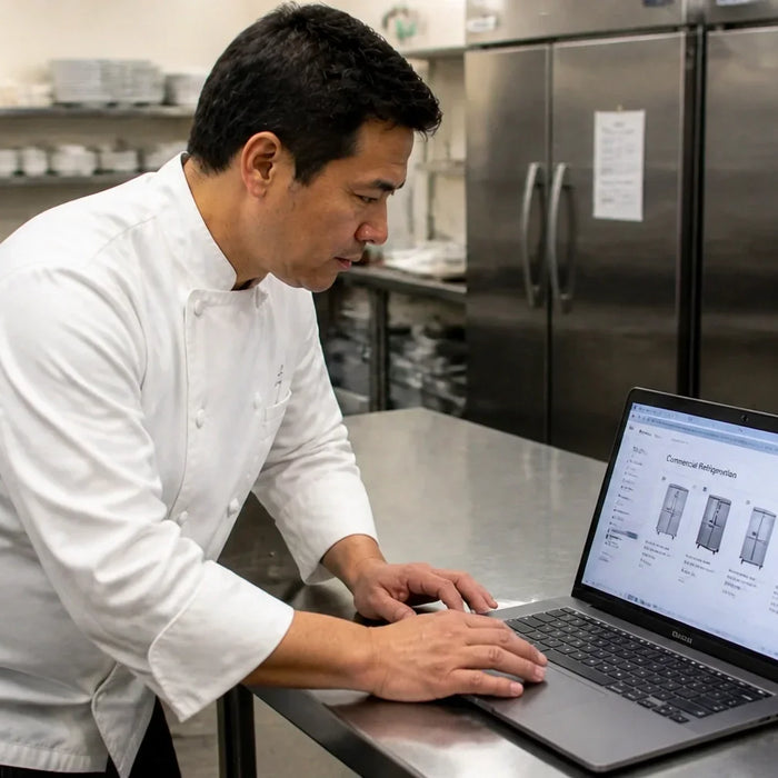 Commercial kitchen equipment supplier warehouse stocked with stainless steel reach-in refrigerators, ranges, prep tables, and cooking equipment ready to ship to restaurants and food trucks