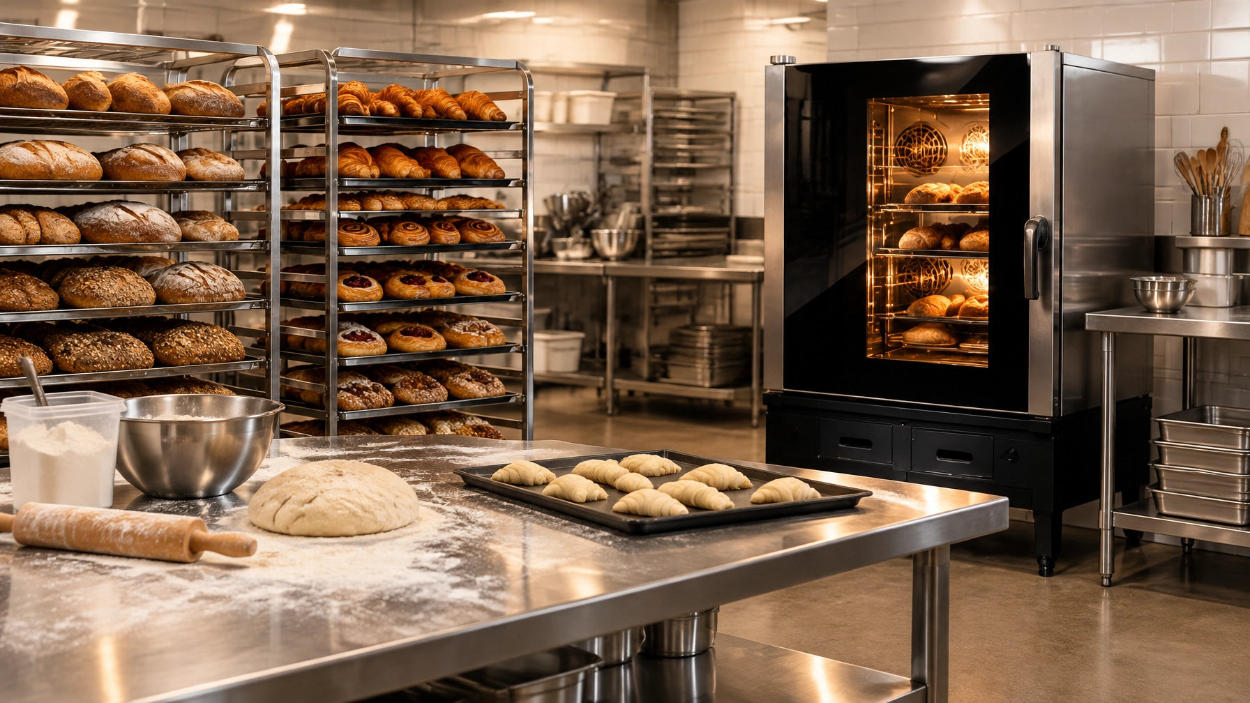 Commercial bakery with bread and pastry racks, a convection oven, and dough on a stainless steel prep table.