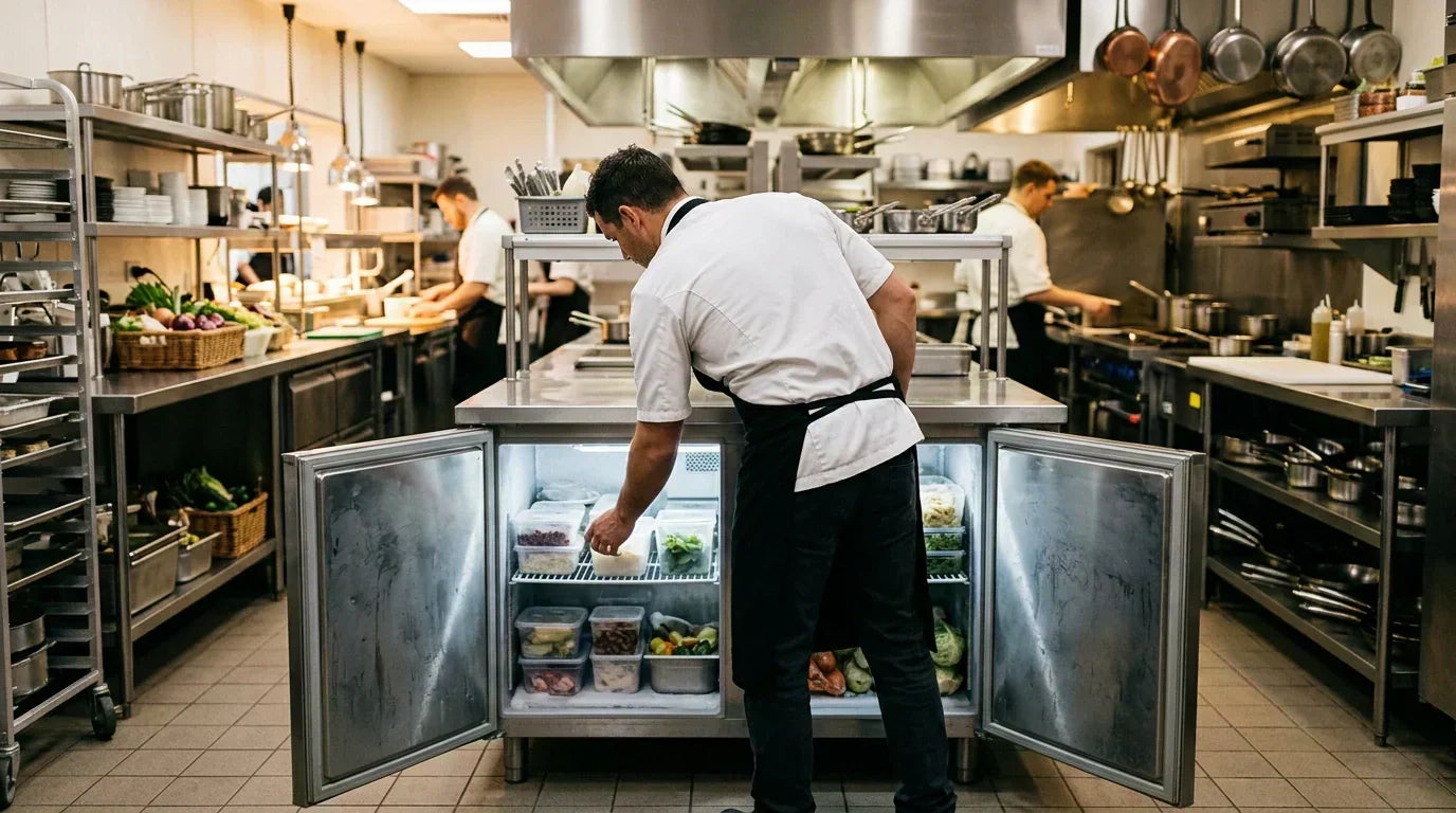 Professional chef in a commercial kitchen inspecting an open undercounter freezer.