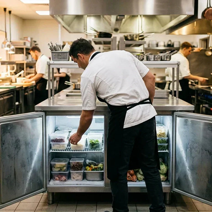 Professional chef in a commercial kitchen inspecting an open undercounter freezer.
