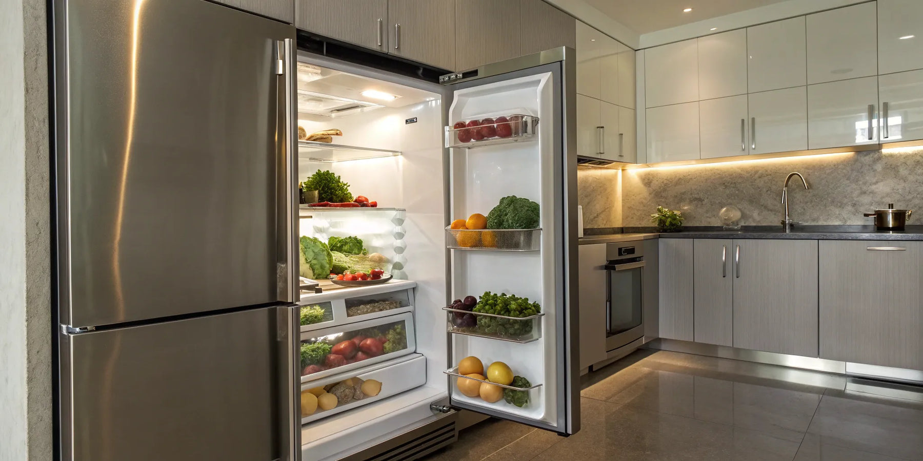 Commercial reach-in fridge open in a professional kitchen, stocked with fresh produce.