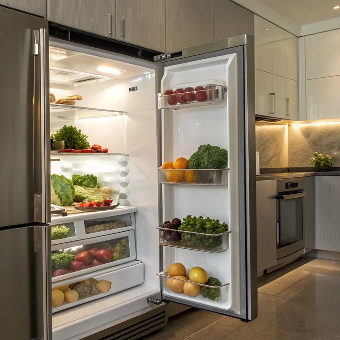 Commercial reach-in fridge open in a professional kitchen, stocked with fresh produce.