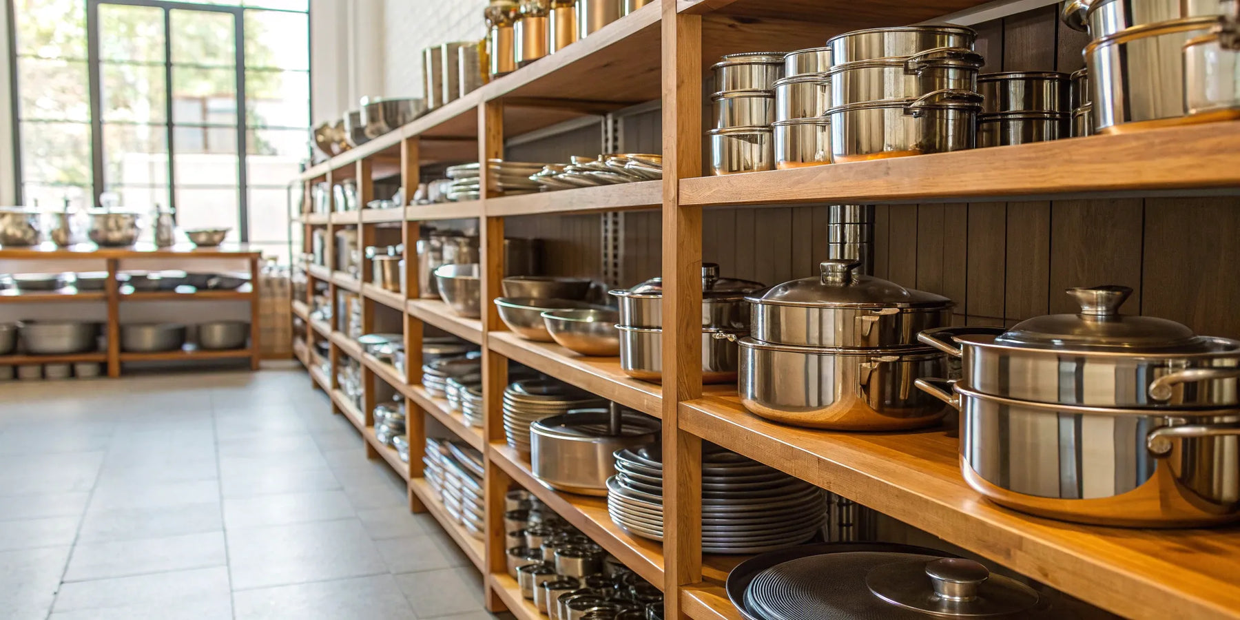 Wholesale pots, pans, and kitchen supplies on shelves at Cash and Carry Salem.