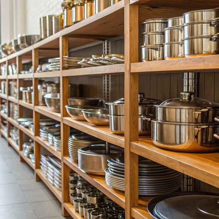 Wholesale pots, pans, and kitchen supplies on shelves at Cash and Carry Salem.