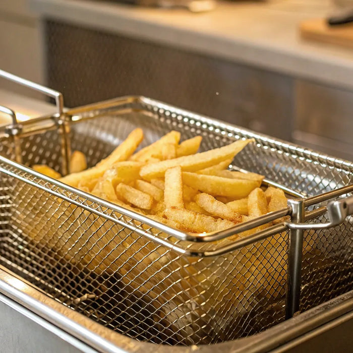 Commercial deep fryer basket full of golden french fries being lifted from the oil.