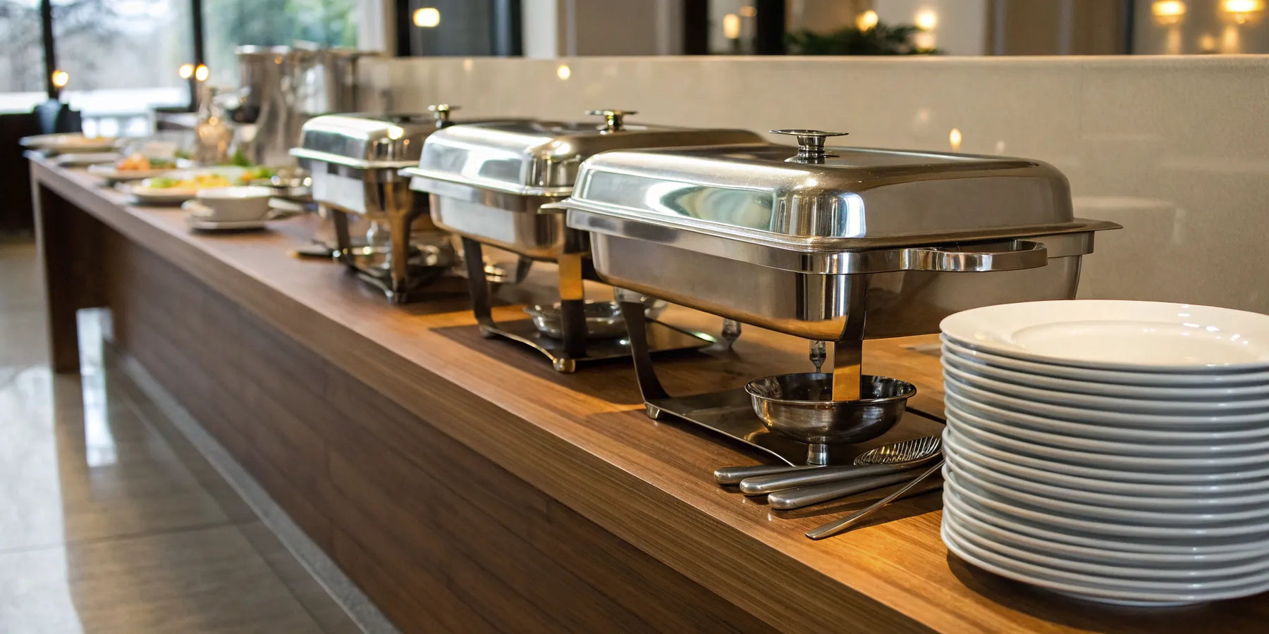 Essential buffet equipment with chafing dishes, serving utensils, and stacked plates.