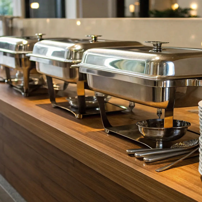 Essential buffet equipment with chafing dishes, serving utensils, and stacked plates.
