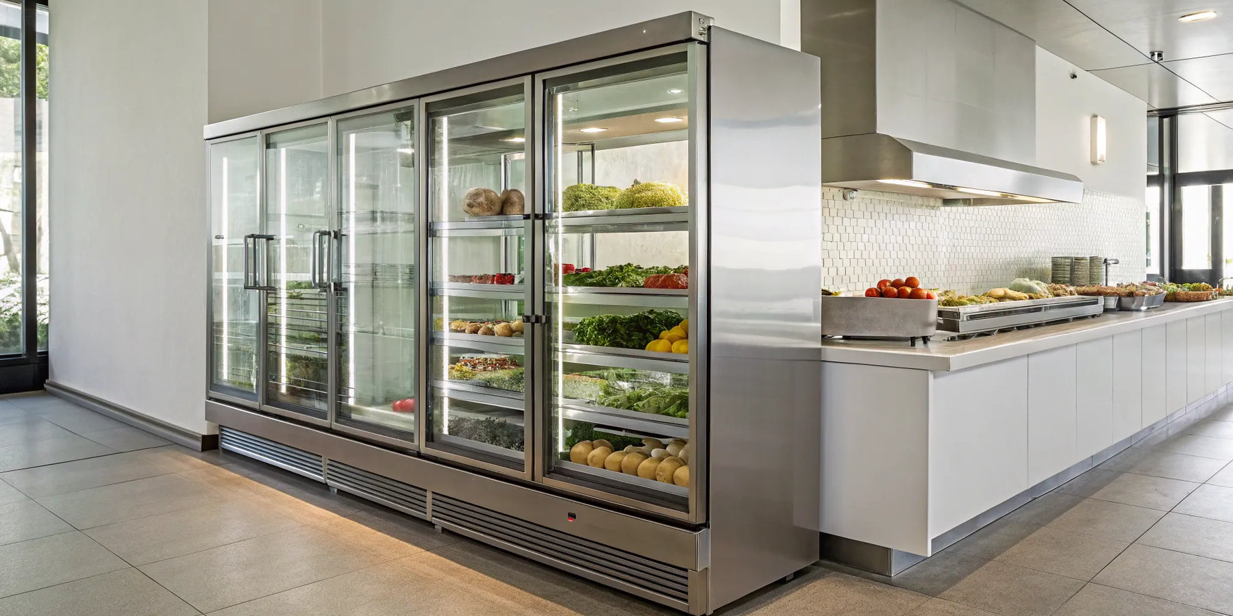 Display fridge with glass doors showcasing fresh produce.