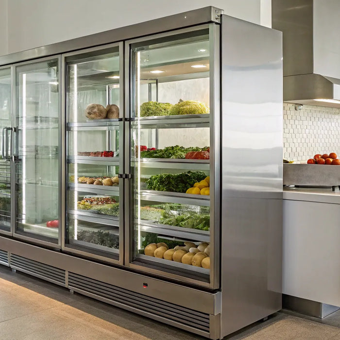 Display fridge with glass doors showcasing fresh produce.