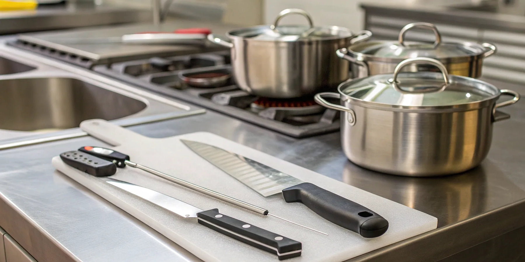 Pots on a stove and knives on a cutting board, essential kitchen and restaurant supplies.