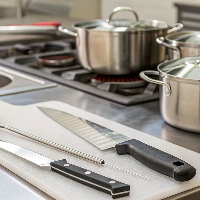 Pots on a stove and knives on a cutting board, essential kitchen and restaurant supplies.