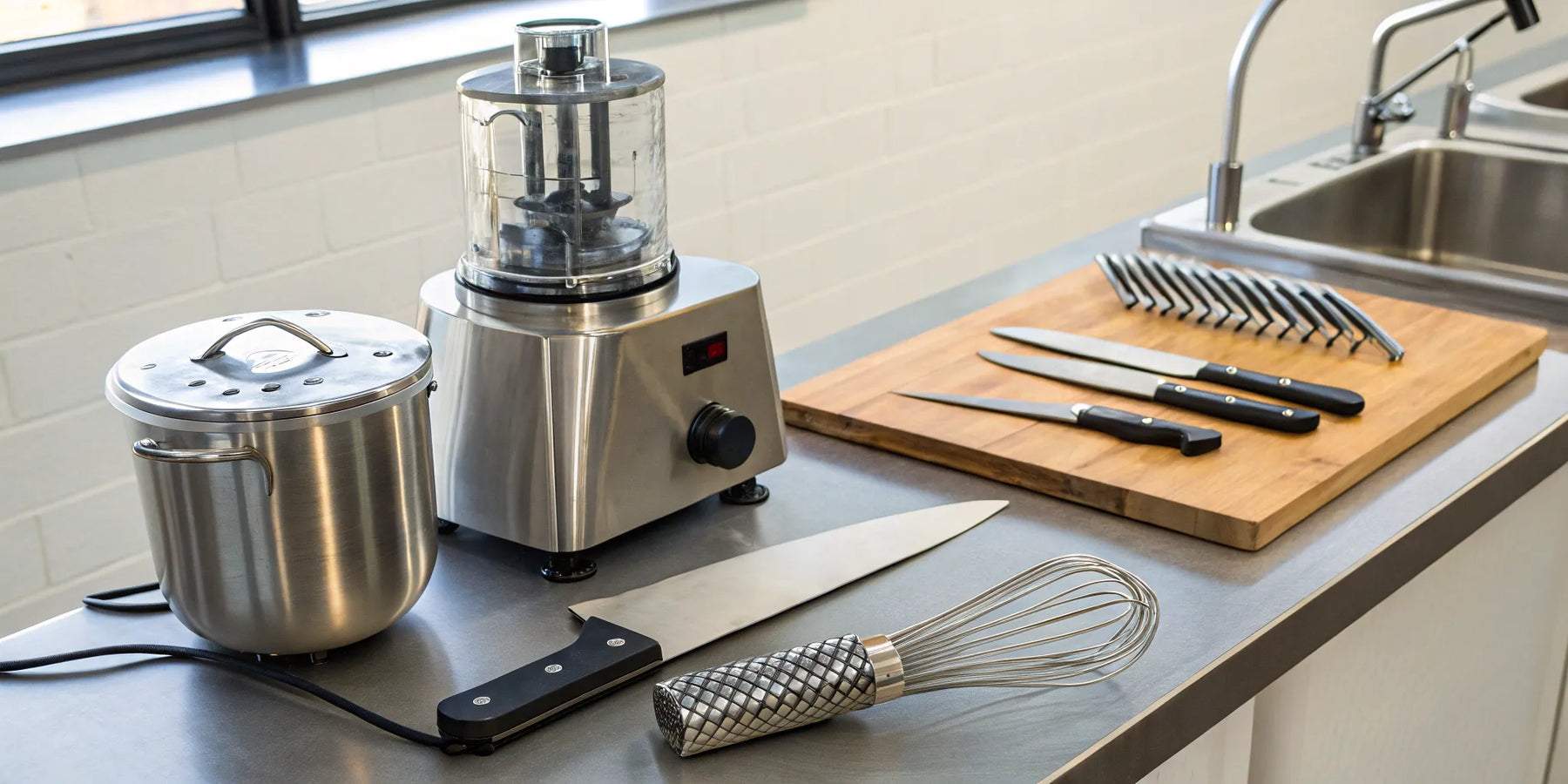 Essential restaurant accessories including knives, a pot, and a whisk on a stainless steel prep counter.
