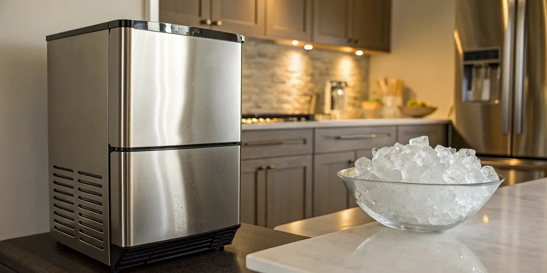 A commercial ice maker for sale on a counter, with a bowl of fresh ice cubes.