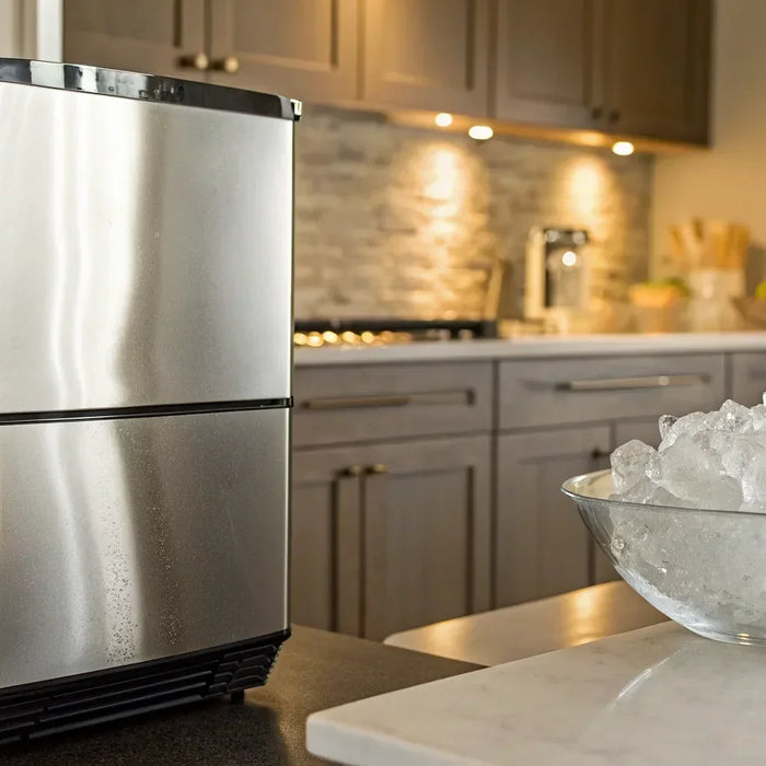 A commercial ice maker for sale on a counter, with a bowl of fresh ice cubes.