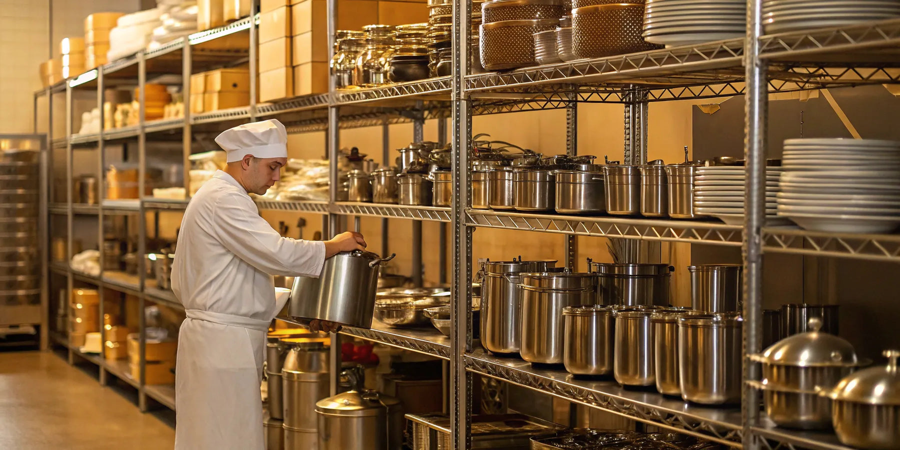 Chef organizing kitchen supplies at Bellingham Cash and Carry (CHEF'STORE).